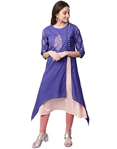 Jaipur Women Kurti Peach & Blue Layered Cotton 2pc Kurta